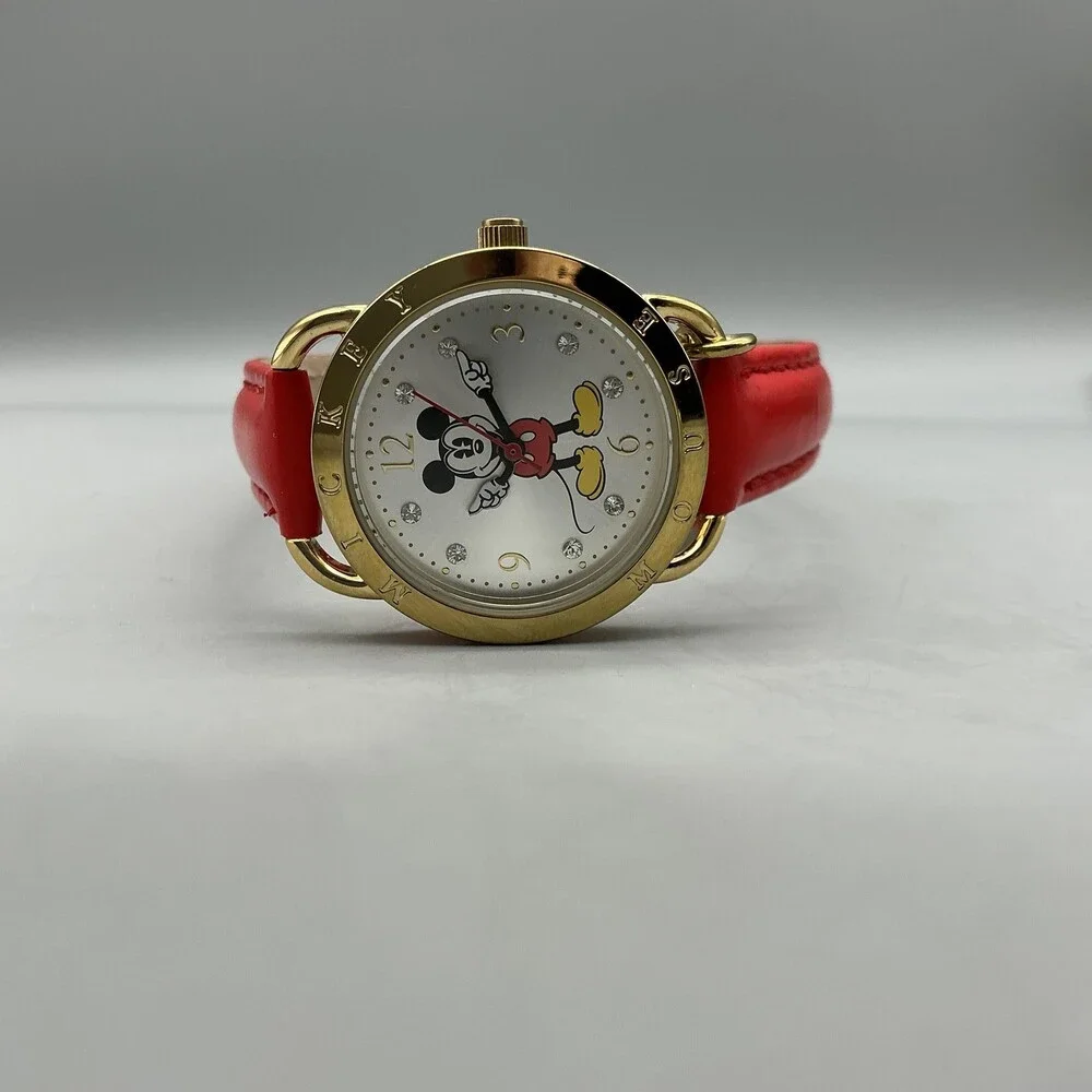 Disney Girls Watch 28mm Mickey Mouse Red Leather Gold Silver Tone New Battery